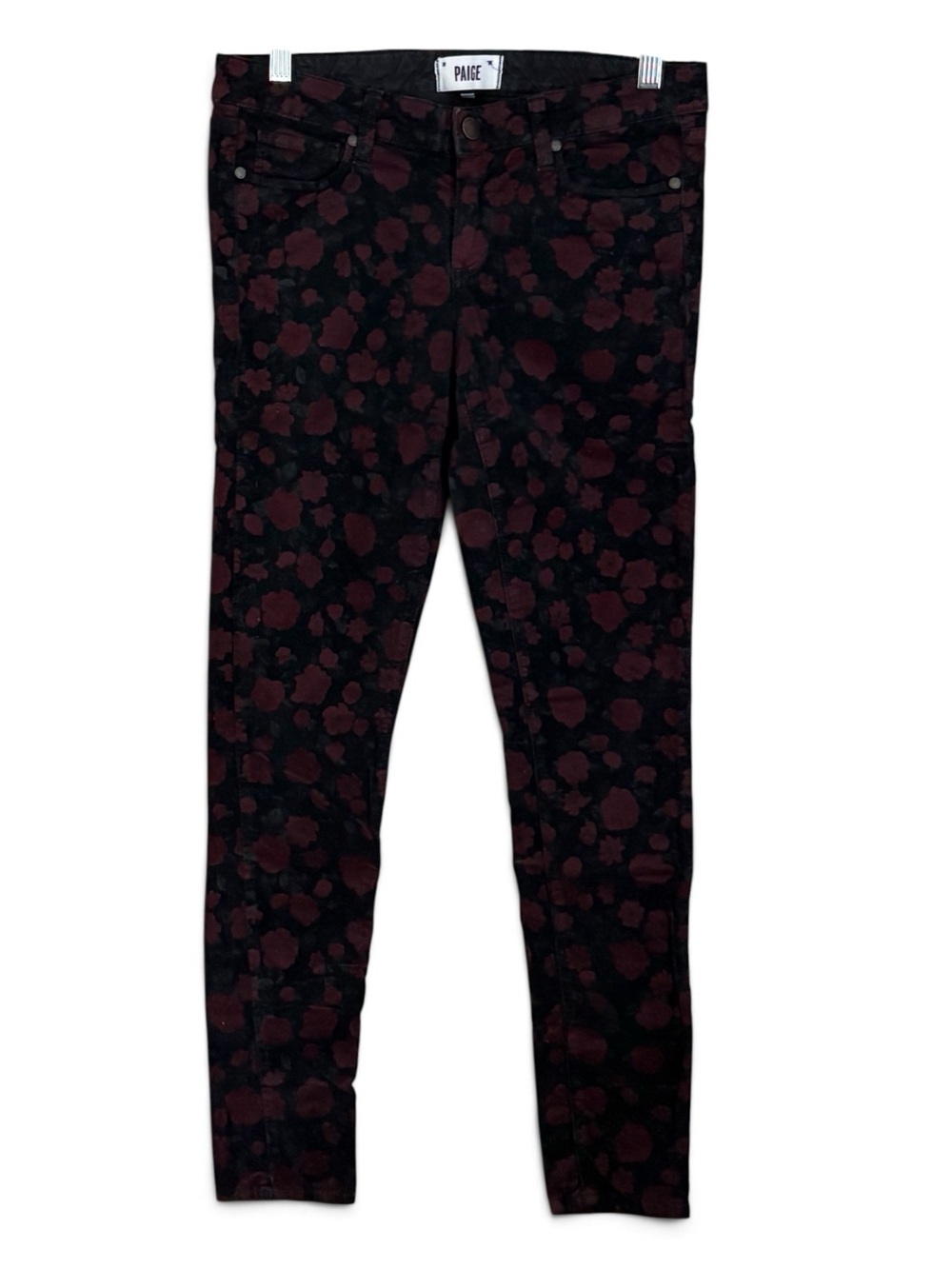 PAIGE Black Verdugo Ultra Skinny Corduroy Jeans with Burgundy Floral Print